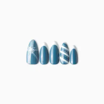 Blue Ribbon Handmade sky blue almond press-on nails with white French tips and handcrafted criss-cross ribbon details.