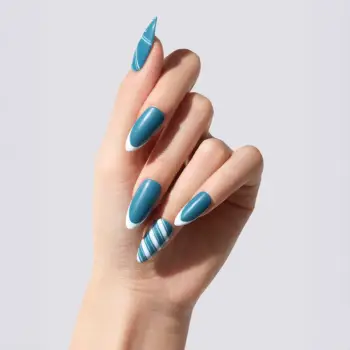 Blue Ribbon Handmade sky blue almond press-on nails with white French tips and handcrafted criss-cross ribbon details, worn on hand
