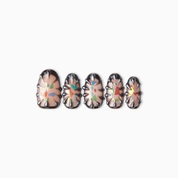 Chrome Thorn Handmade smoked blush 3D press-on nails with silver metallic thorn-like ridges and iridescent aurora flakes.