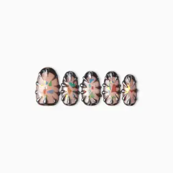 Chrome Thorn Handmade smoked blush 3D press-on nails with silver metallic thorn-like ridges and iridescent aurora flakes.