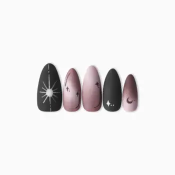 Mystic Tarot Handmade matte black and dusty rose ombre almond press-on nails with white hand-painted sun, moon, and star motifs.