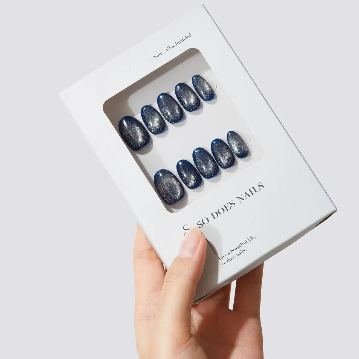 Blue Mirage Handmade Blue Cat Eye Press on Nails, in package