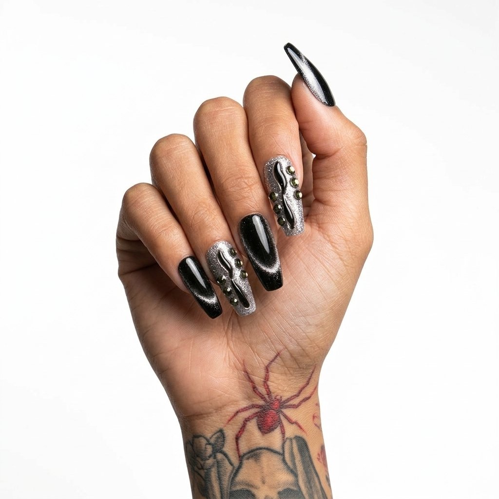 After Dark - Handmade coffin press-on nails featuring a black and silver cat-eye base, accented with 3D black liquid-metal swirls and dark grey rhinestones. | worn on hand 2 | So Does Nails