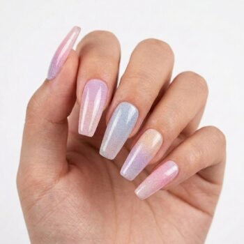 Cotton Rainbow - Long coffin press-on nails with glossy pastel gradient in pink, purple, and blue. | worn on hand 2 | So Does Nails