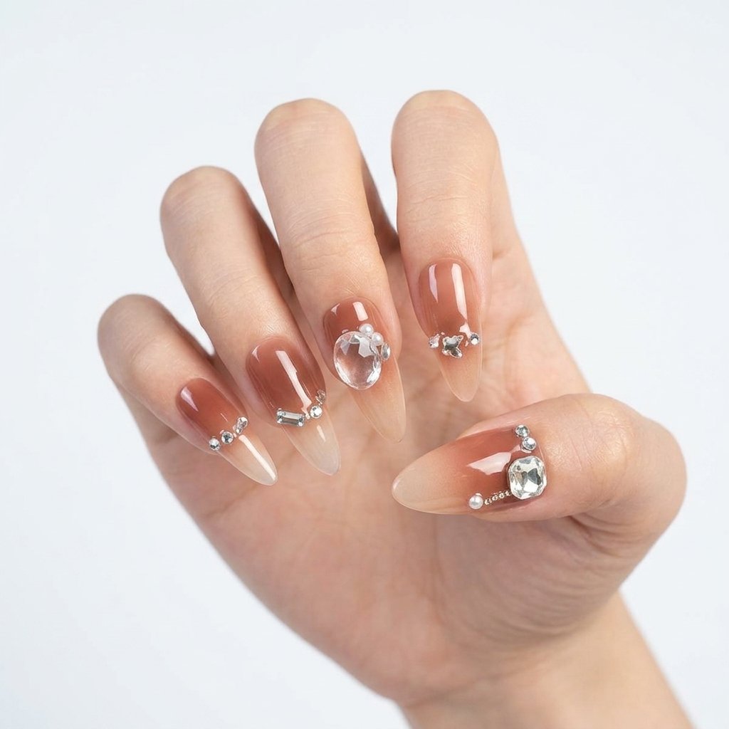 Crystal Bloom - Handmade almond press-on nails with a brownish-red to nude ombre and crystal embellishments. | worn on hand 2 | So Does Nails