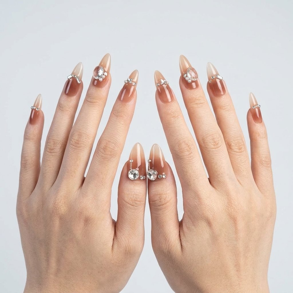 Crystal Bloom - Handmade almond press-on nails with a brownish-red to nude ombre and crystal embellishments. | worn on hand 3 | So Does Nails