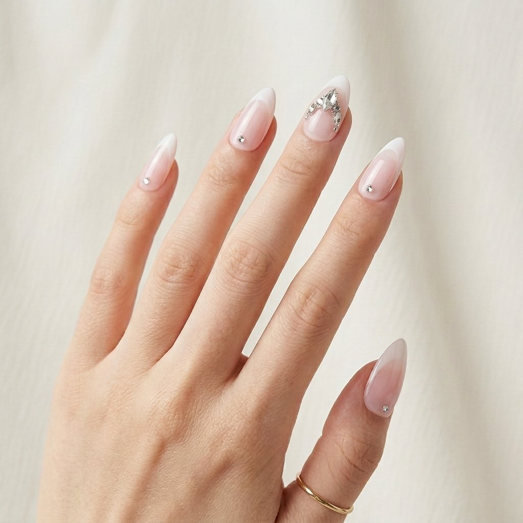 Crystal Petal - Soft pink almond press-on nails with white French tips and silver crystal clusters. | worn on hand 2 | So Does Nails