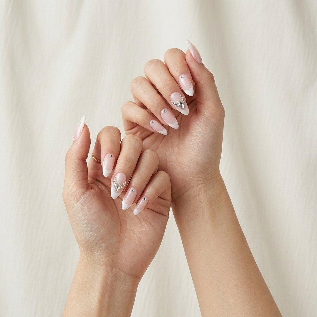 Crystal Petal - Soft pink almond press-on nails with white French tips and silver crystal clusters. | worn on hand 3 | So Does Nails