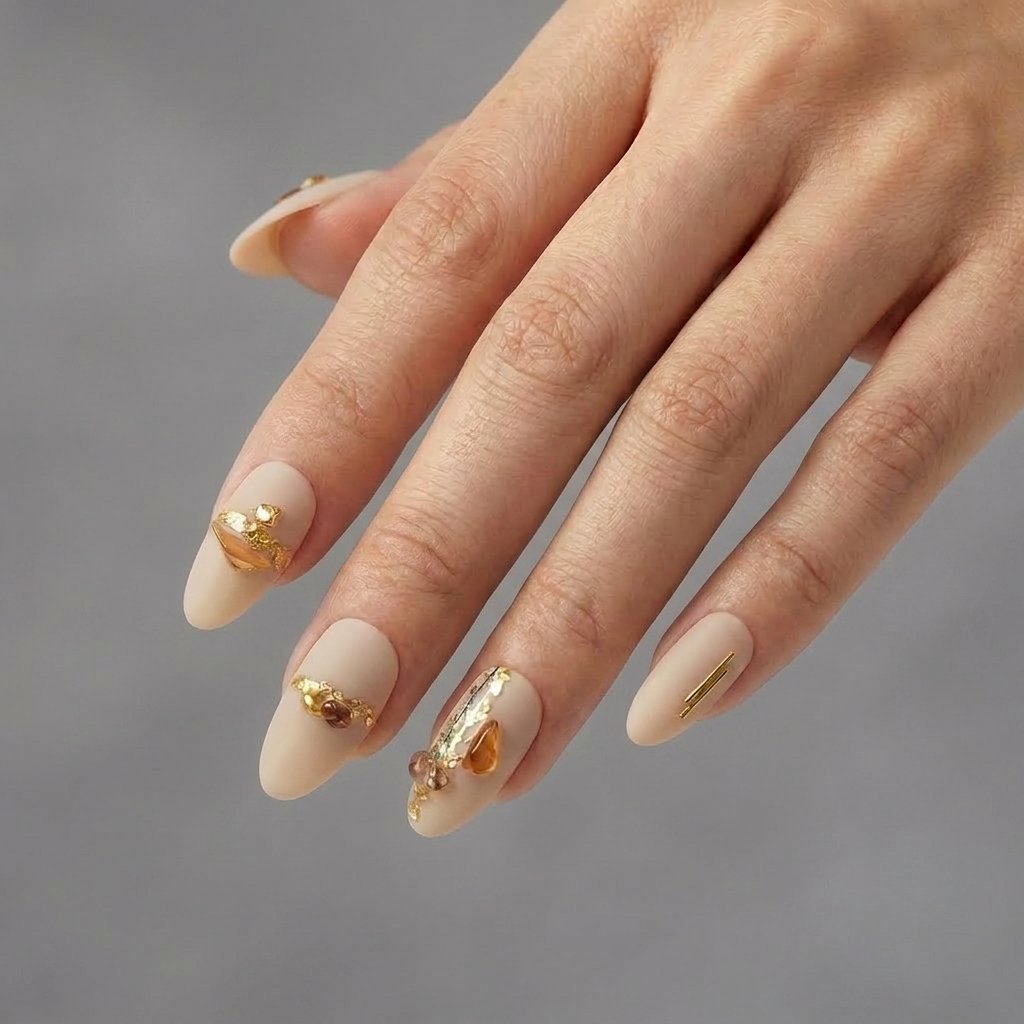 Desert Muse - Handmade matte beige almond press-on nails with gold foil, metallic bars, and stone embellishments. | worn on hand 2 | So Does Nails
