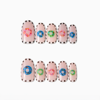 Donut Sprinkles - press-on nails with colorful hand-painted donuts and black polka dot borders | flat lay 1 | So Does Nails