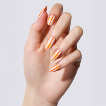 Dopamine Daisy - Orange striped press-on nails with yellow daisy floral art | worn on hand 2 | So Does Nails