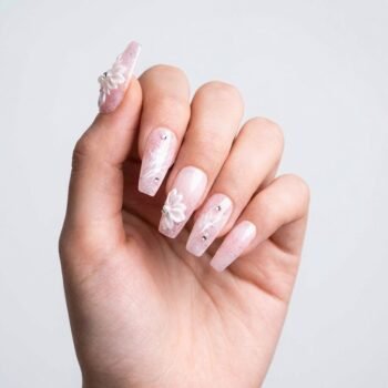 Garden of Dreams - Handmade long coffin press-on nails with pink glitter gradient and large 3D floral accents. | worn on hand 2 | So Does Nails