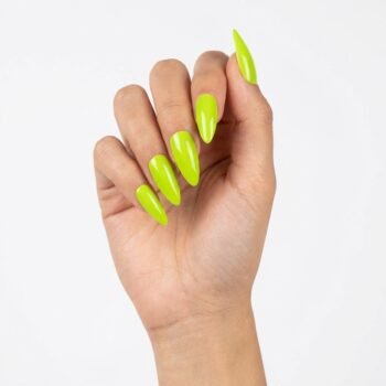 Lime Pop - Lime green press-on nails, medium almond shape, glossy finish. | worn on hand 2 | So Does Nails