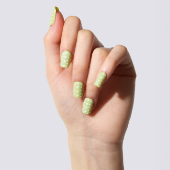 Matcha Polka - Light green press-on nails with cute white polka dots | worn on hand 2 | So Does Nails