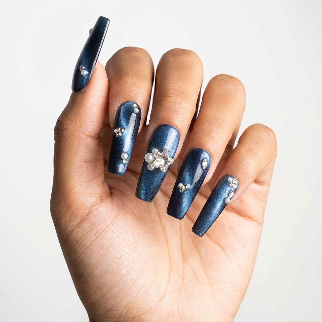 Midnight Star - Handmade long coffin press-on nails with a deep midnight blue shimmer finish, accented with scattered pearls, rhinestones, and a central 3D star-shaped crystal cluster. | worn on hand 2 | So Does Nails