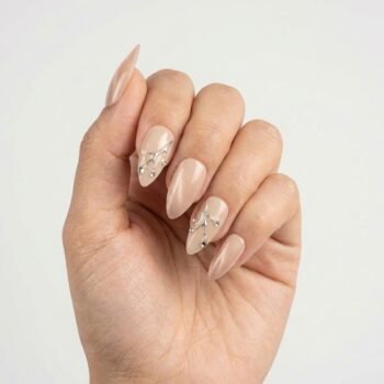 Midnight Woods - Nude ombre almond press-on nails with silver metallic branch designs and crystal buds. | worn on hand 2 | So Does Nails