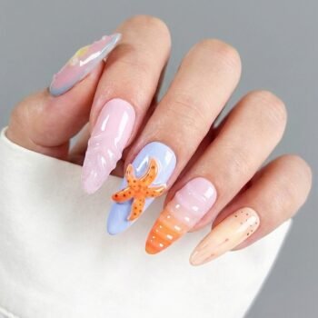 Ocean Pop - Summer-inspired almond press-on nails with 3D starfish, seashell textures, and clear water droplets. | worn on hand 2 | So Does Nails
