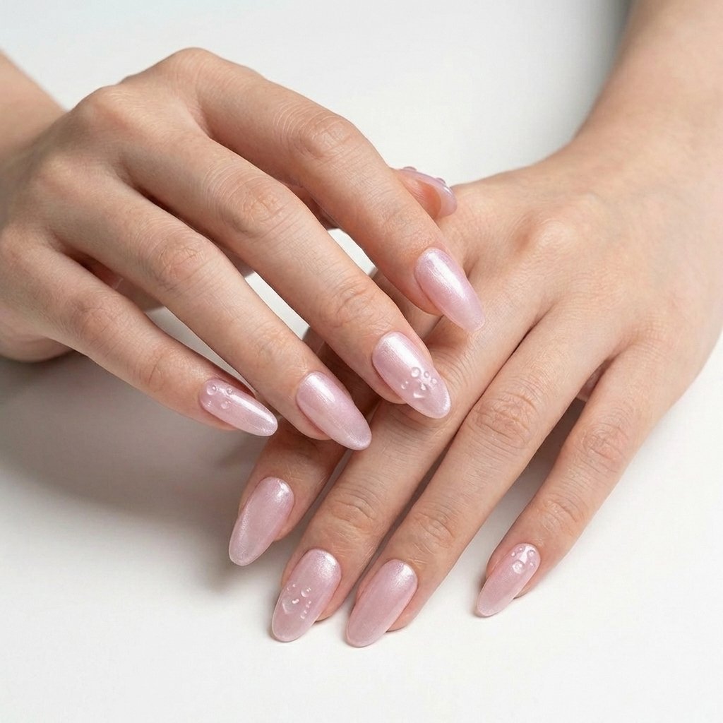 Peachy Paw - Handmade medium almond press-on nails in a soft peachy-pink pearlescent finish, featuring raised 3D water-drop paw print designs. | worn on hand 3 | So Does Nails