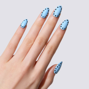 Retro Pop Duet - Baby blue and deep burgundy press-on nails with polka dot borders | worn on hand 2 | So Does Nails