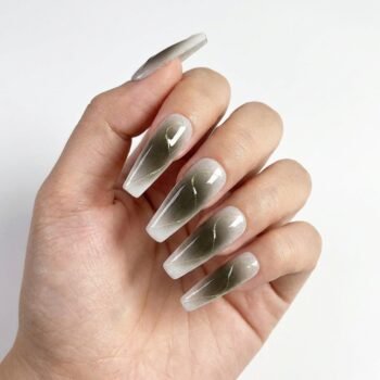 Second Skin - Handmade long coffin press-on nails with a smoky black center and white marble edges with green thread accents. | worn on hand 2 | So Does Nails