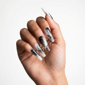 Silver Ink - Handmade long coffin press-on nails with a milky white base, smoky black ink marble effects, and 3D metallic silver liquid chrome swirls. | worn on hand 2 | So Does Nails