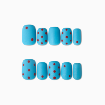 Sky Pop - Sky blue press-on nails with vibrant red polka dots | flat lay 1 | So Does Nails