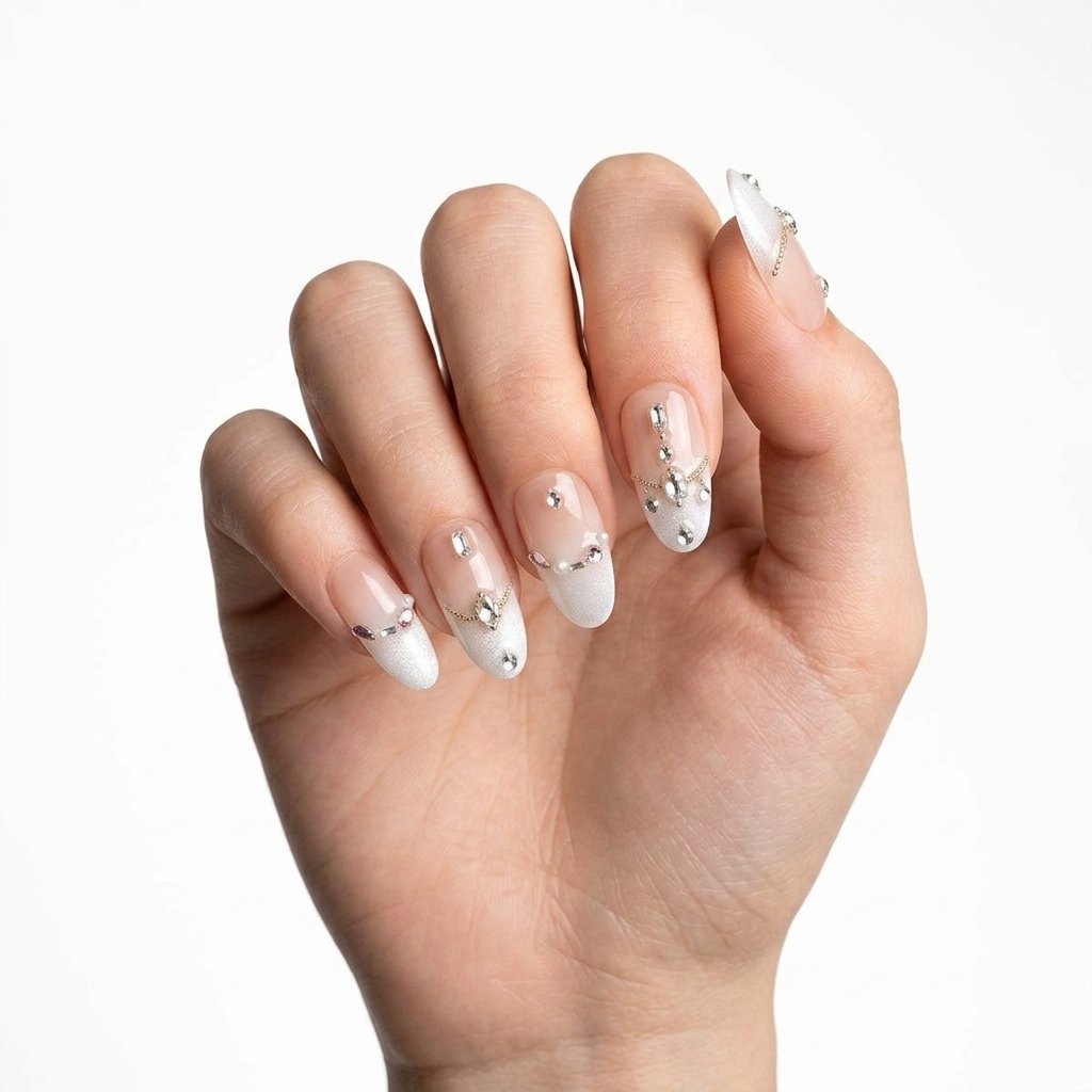 Sugar Ballet - Handmade oval press-on nails with a milky white gradient, silver chains, and crystal accents. | worn on hand 2 | So Does Nails
