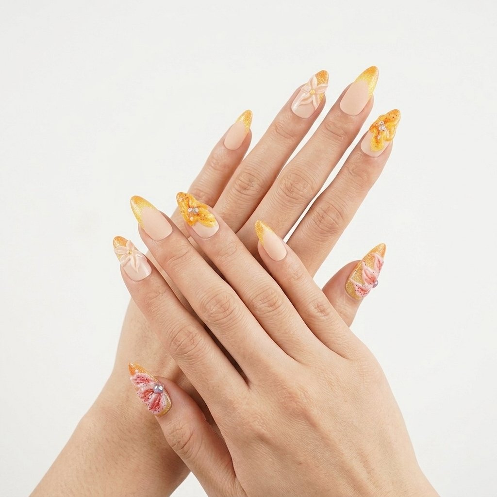Tangerine Heat - Yellow-to-orange glitter gradient almond press-on nails with 3D floral sculptures. | worn on hand 3 | So Does Nails