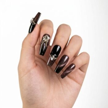 Twilight Treasure - Handmade long coffin press-on nails with a dark aesthetic, combining glossy black and deep burgundy glitter polish, accented by silver micro-beads and large teardrop crystals. | worn on hand 2 | So Does Nails