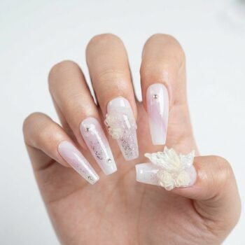 Venus Garden - Handmade long coffin press-on nails with a purple marble smoke effect and lace flowers. | worn on hand 2 | So Does Nails