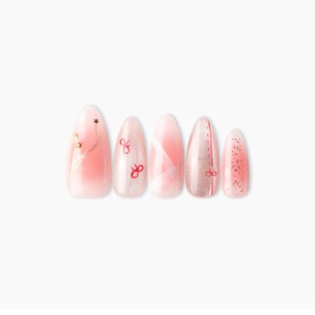 Blush Stardust - handmade press-on nails in a soft blush pink. Featuring shimmer, fine linework, and subtle metallic accents. | flat lay 1 | So Does Nails